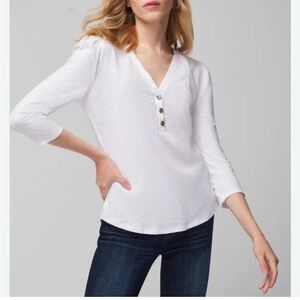 White House Black Market Womens Henley Tee Sz M White 3/4 Puff Sleeve